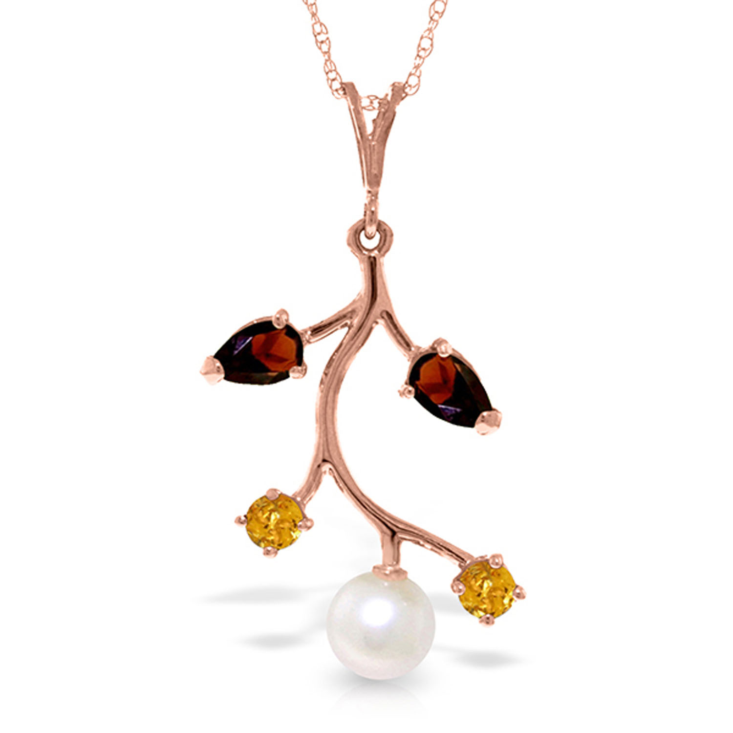 14K Solid Rose Gold Necklace with Garnets, Citrines  Cultured Pearl