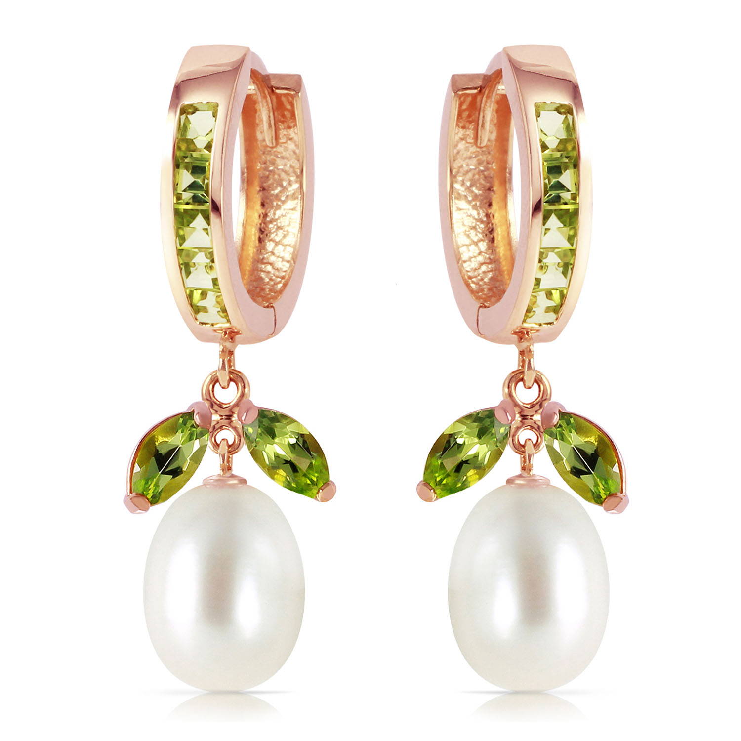 14K Solid Rose Gold Hoop Earrings with Peridots  Cultured Pearls