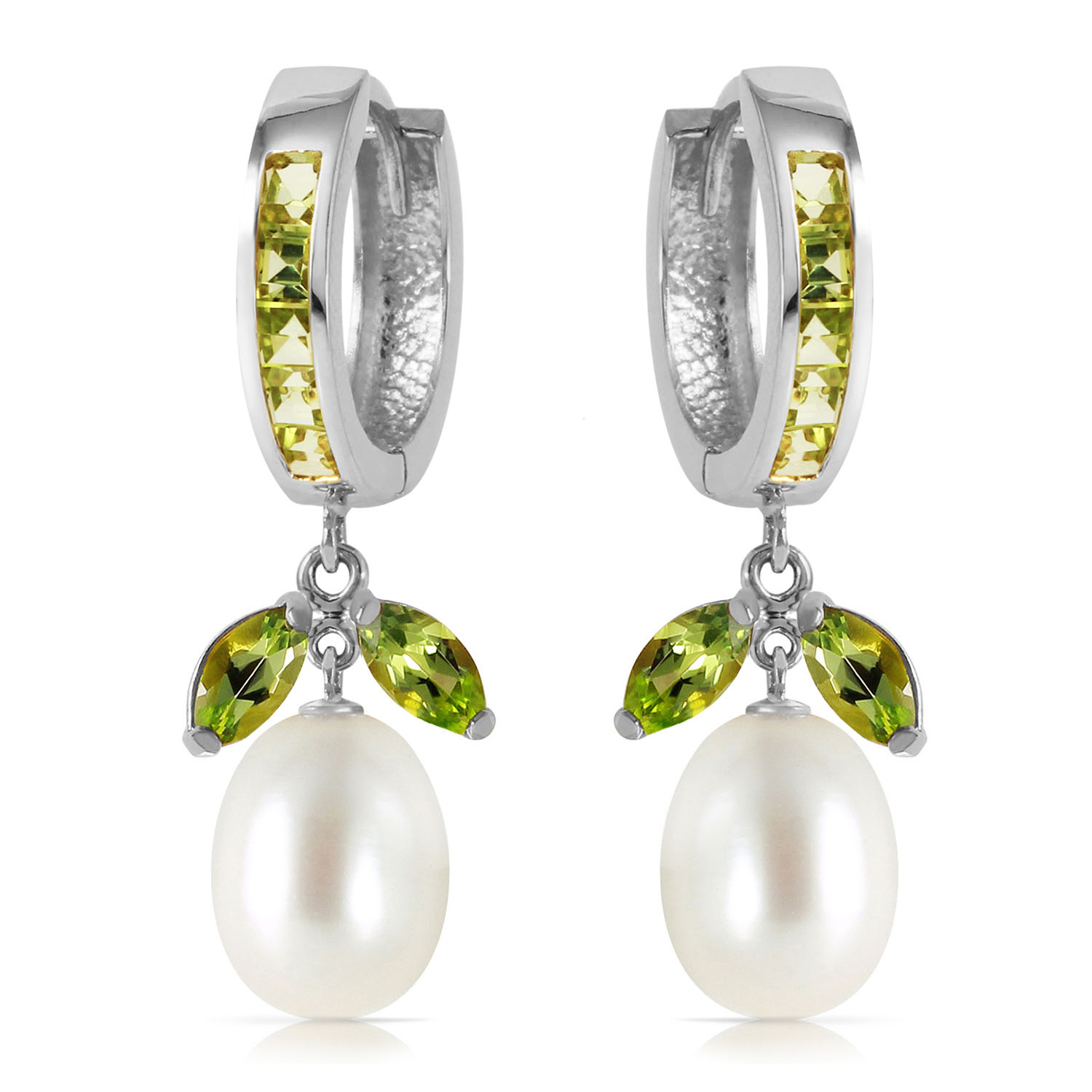 10.3 CTW 14K Solid White Gold Same Direction Peridot Cultured Pearl Earrings