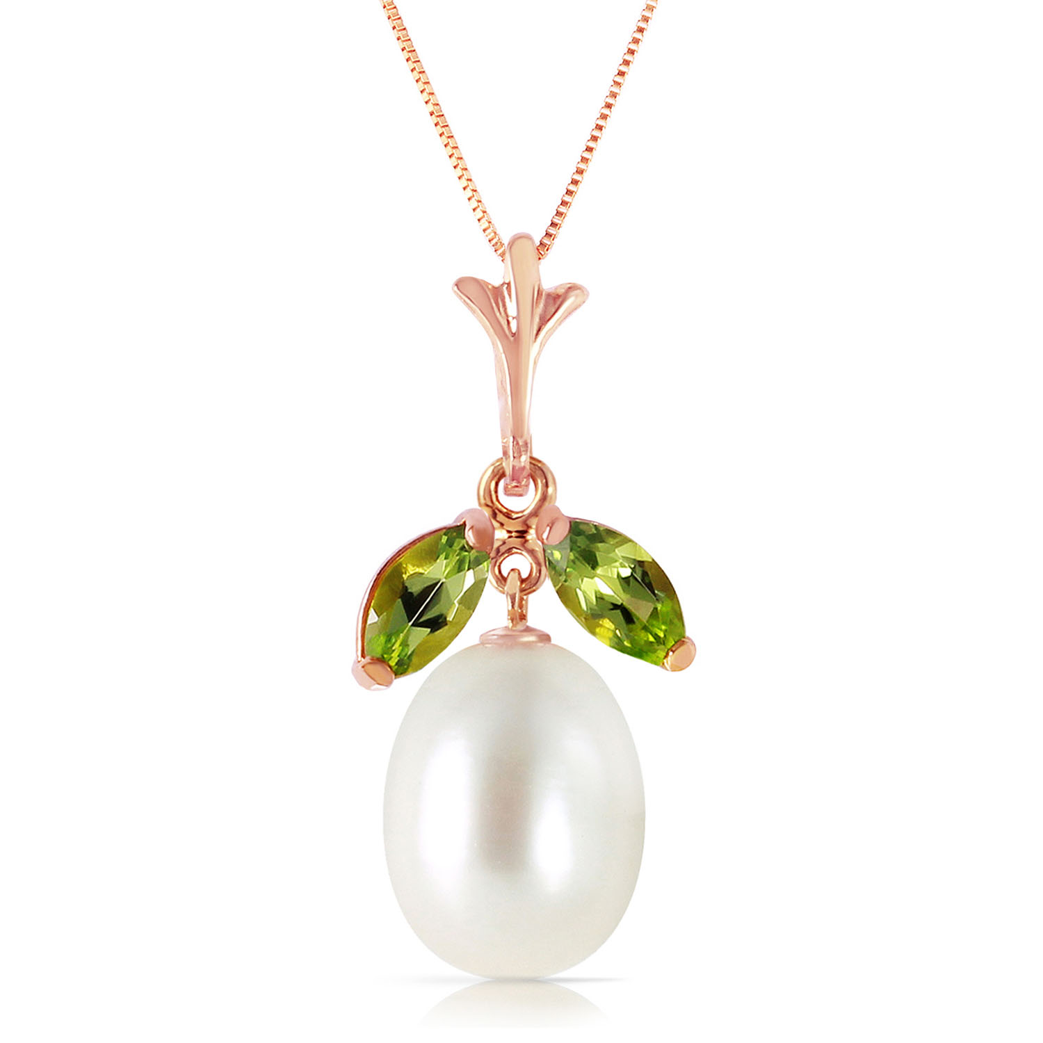 14K Solid Rose Gold Necklace with Natural Cultured Pearl  Peridot