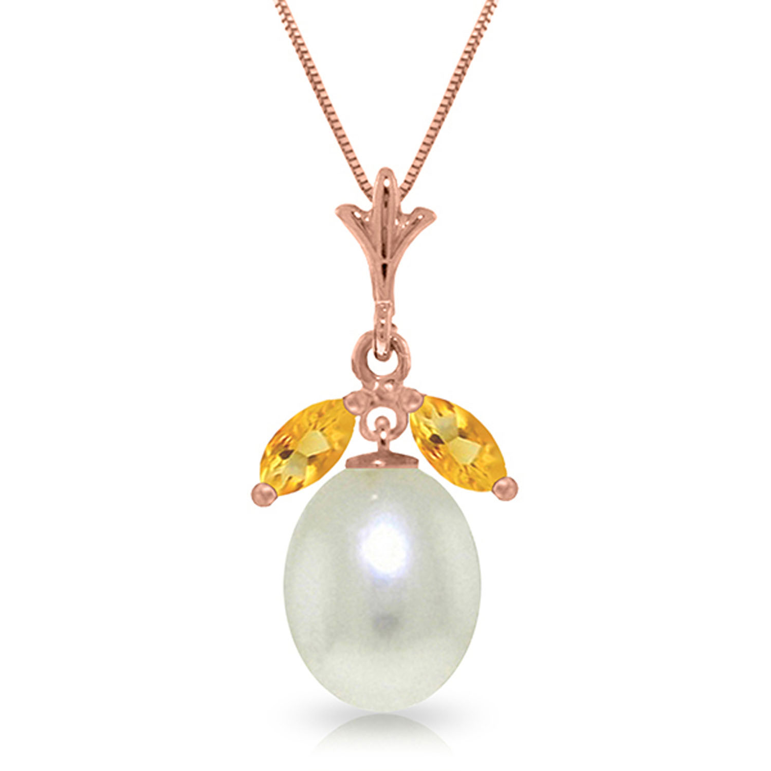 14K Solid Rose Gold Necklace with Natural Parl  Citrines