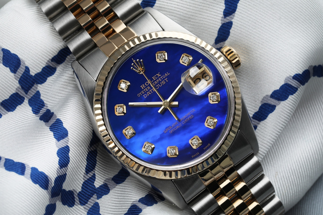 Rolex 36mm Datejust Blue Mother Of Pearl Diamond Dial Two Tone Jubilee Deployment Buckle