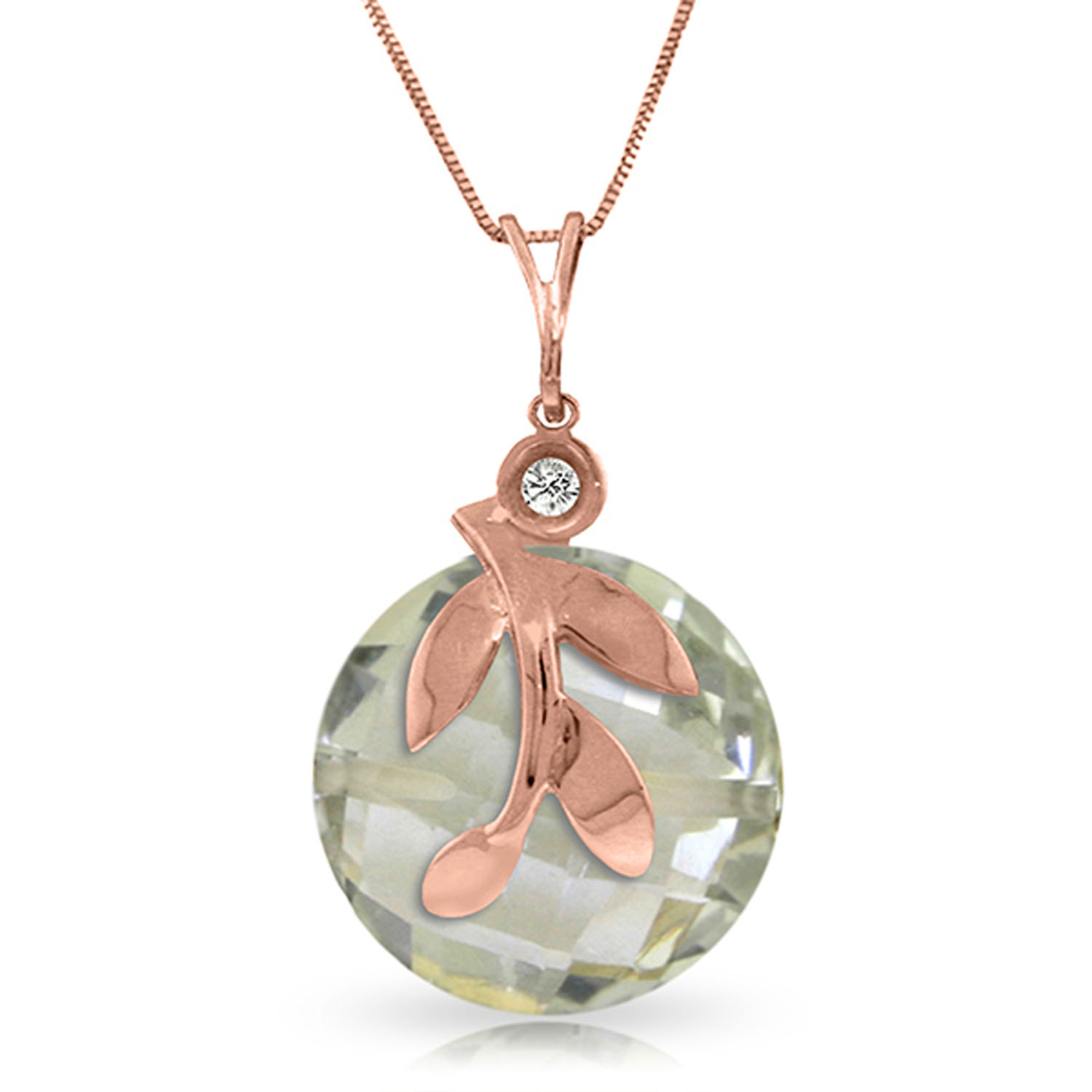 14K Solid Rose Gold Necklace withNatural Green Amethyst  Diamond