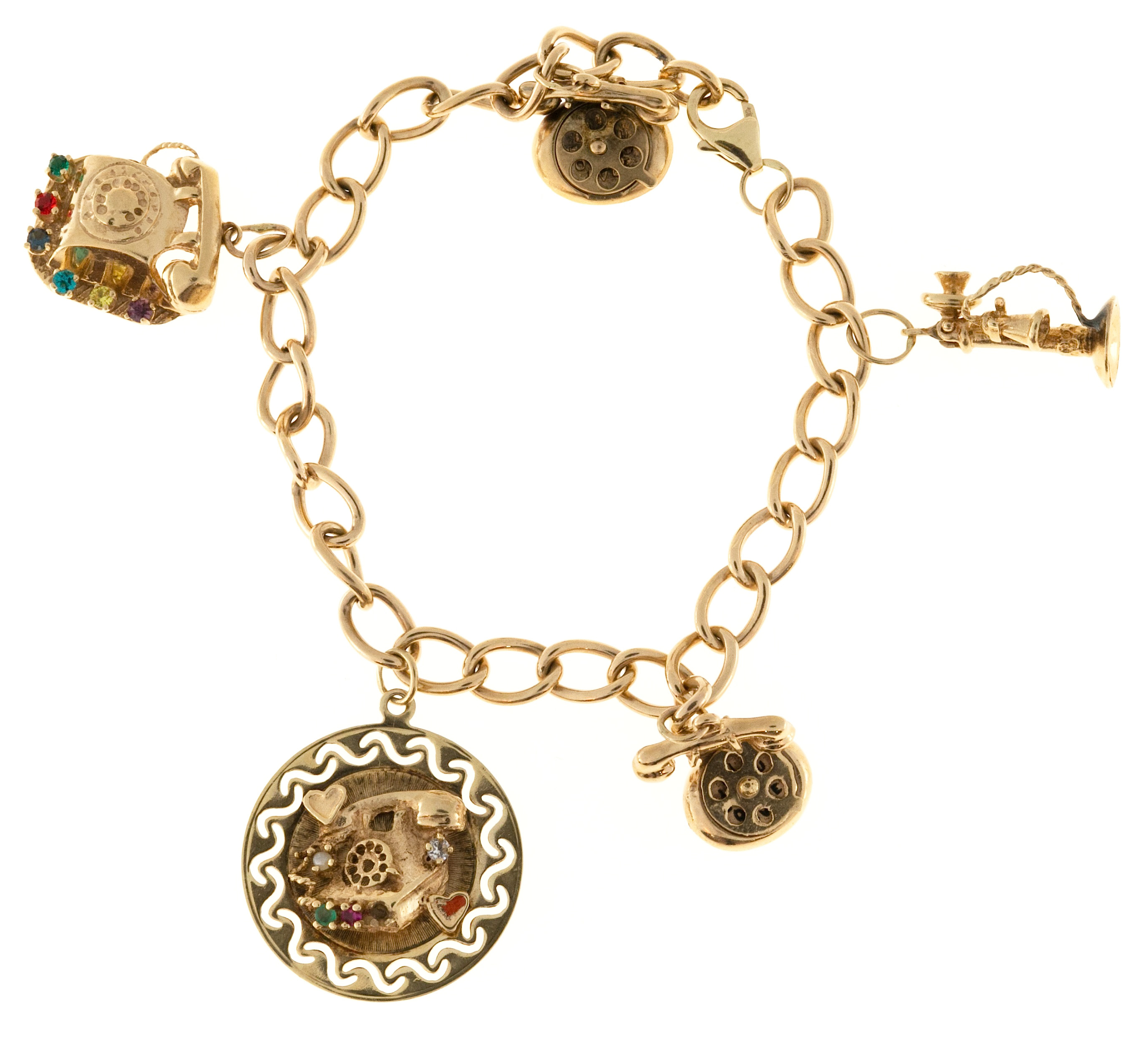 14K Yellow Gold Telephone Theme Charm Bracelet