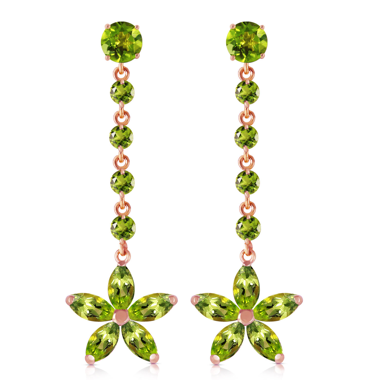 14K Solid Rose Gold Chandelier Earrings with Peridots
