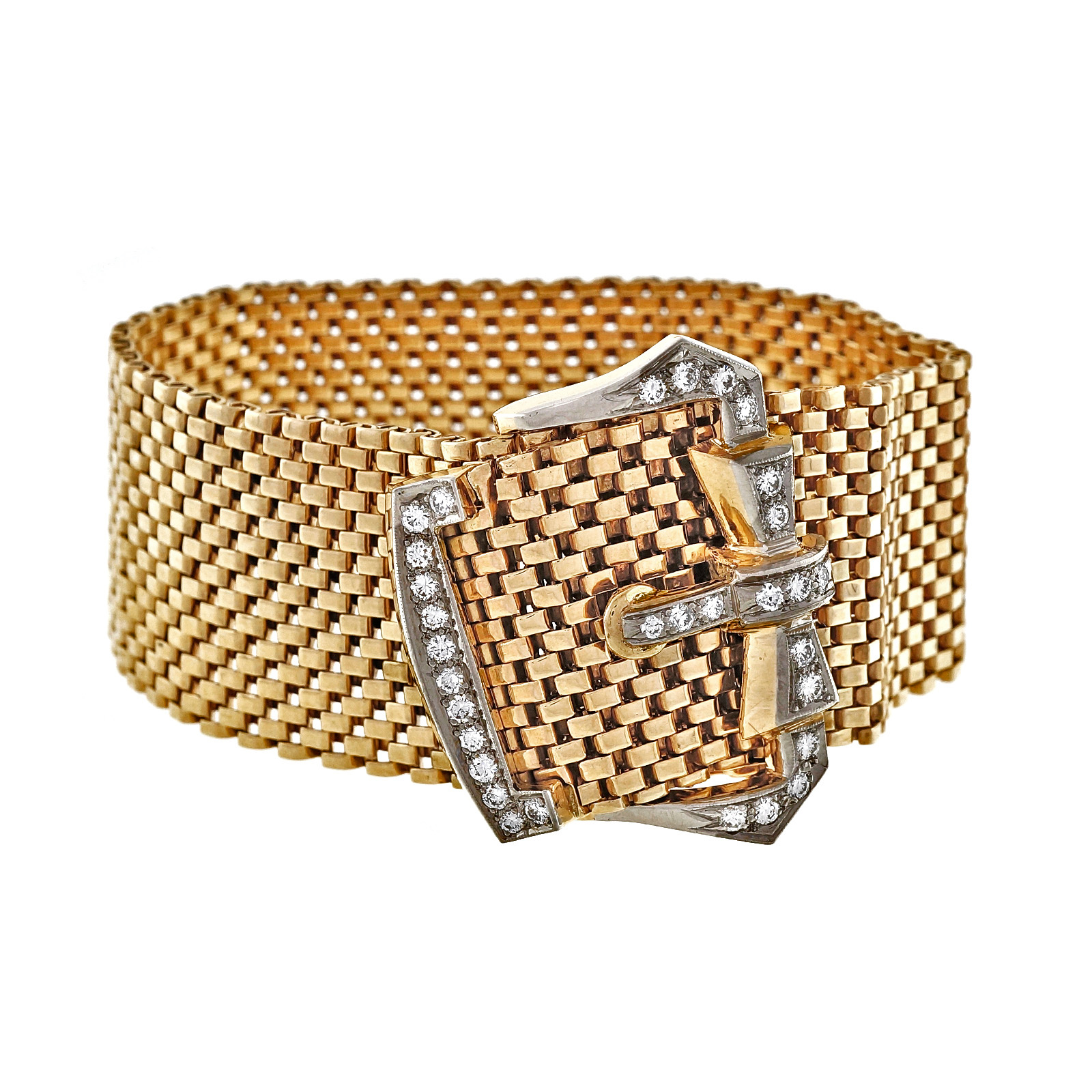 Vintage 14K Yellow Gold .80ctw Diamond Wide Mesh Buckle Bracelet