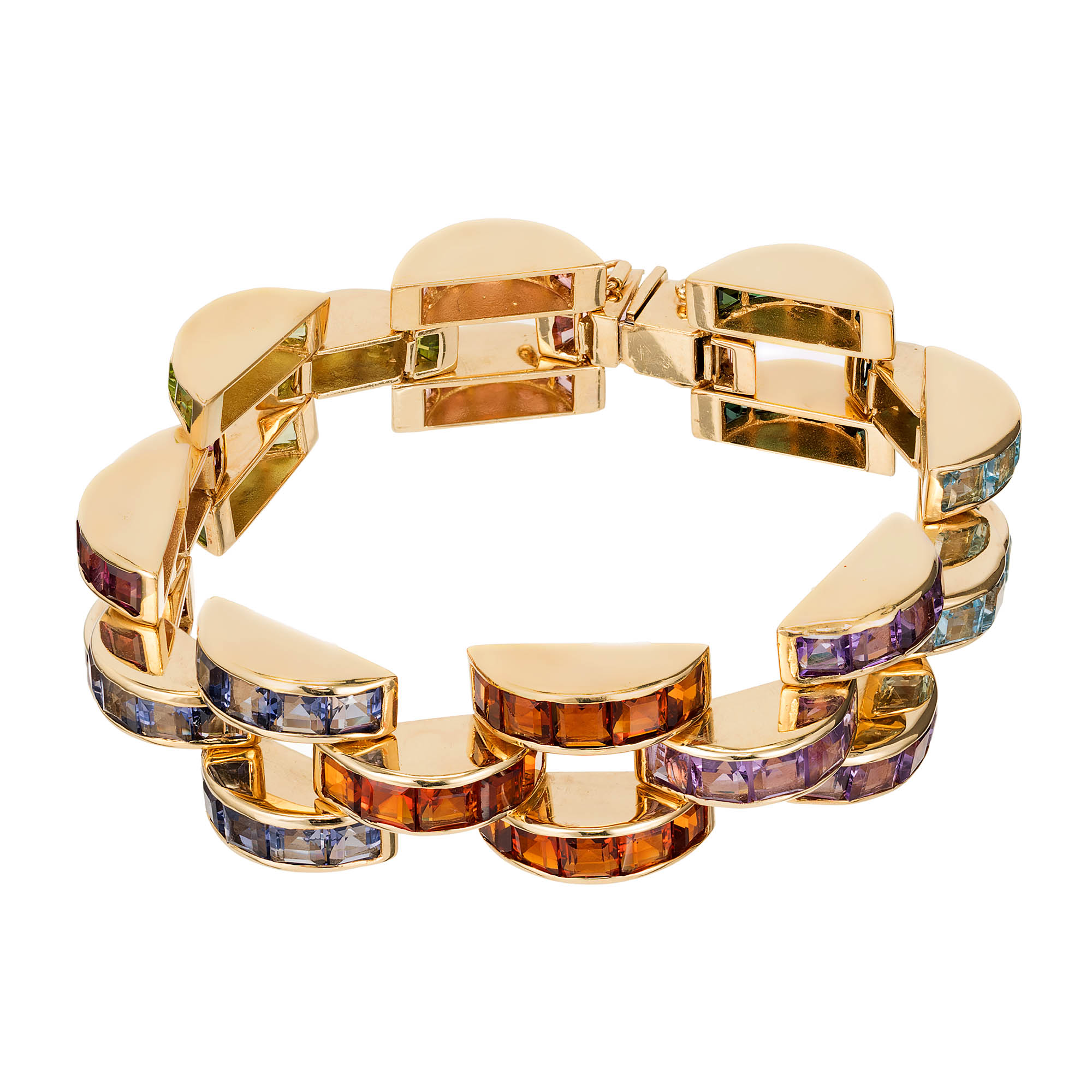Crescent Link Yellow Gold 32.00ctw Multi-Color Stone Bracelet
