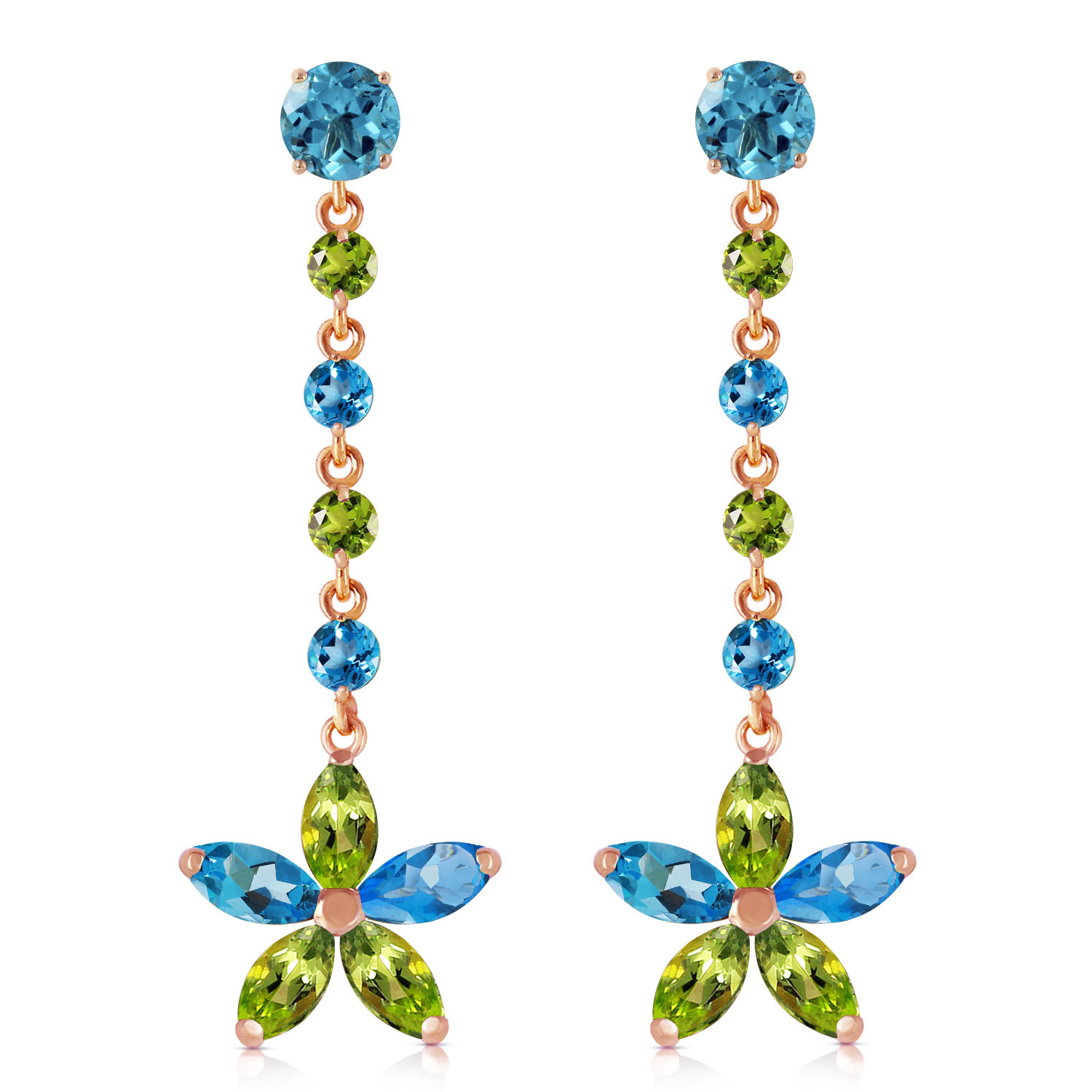 14K Solid Rose Gold Chandelier Earrings with Natural Blue Topaz  Peridots