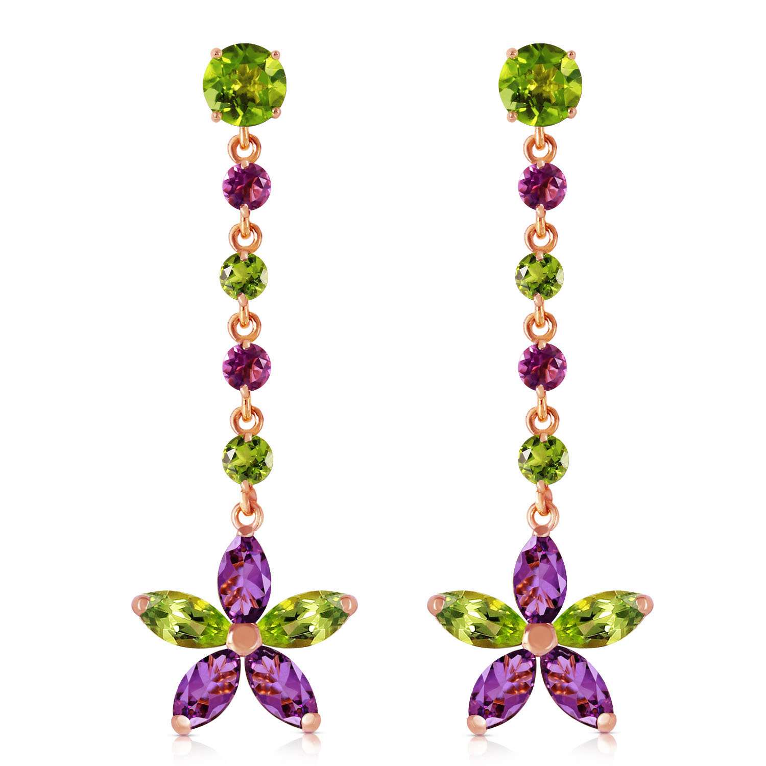 14K Solid Rose Gold Chandelier Earrings with Peridot  Amethyst