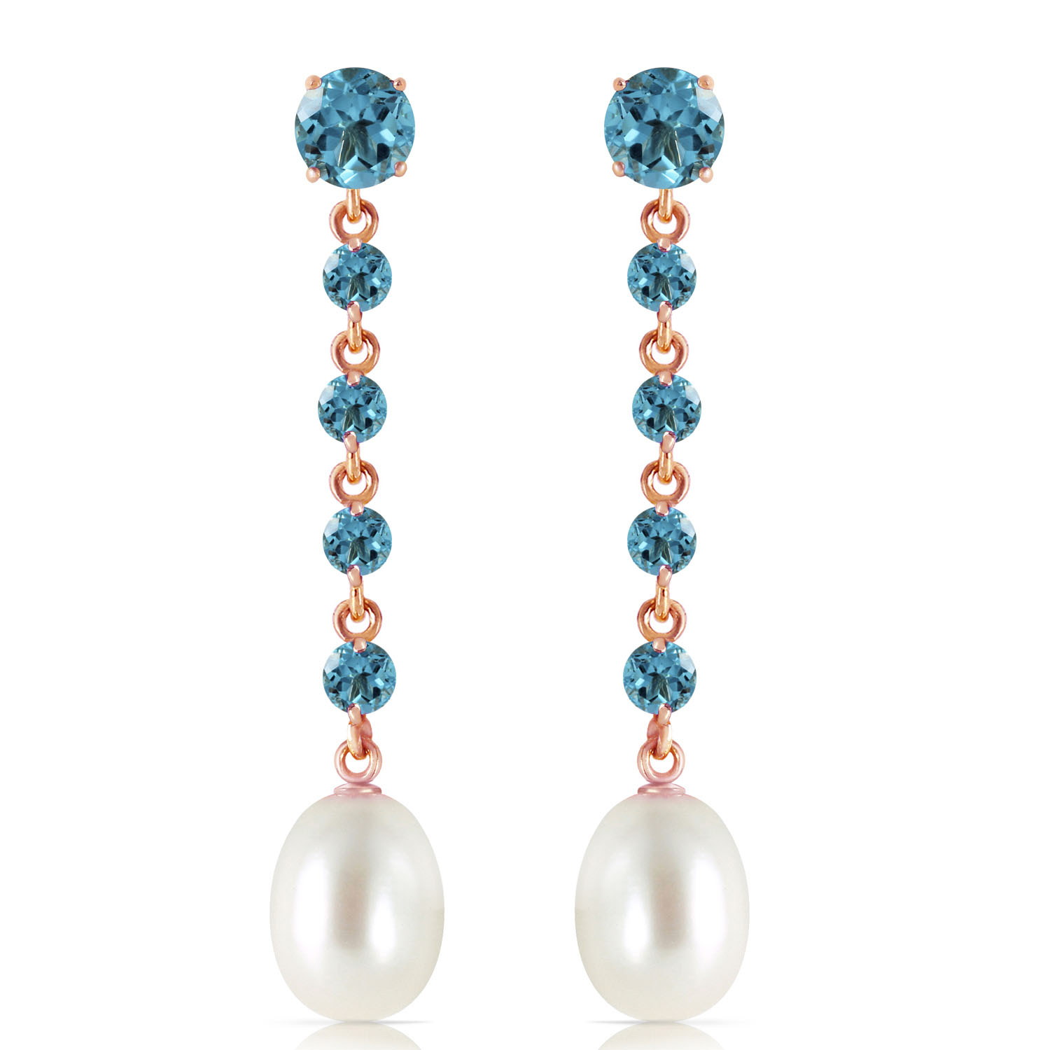 14K Solid Rose Gold Chandelier Earrings with Blue Topaz  Cultured Pearl
