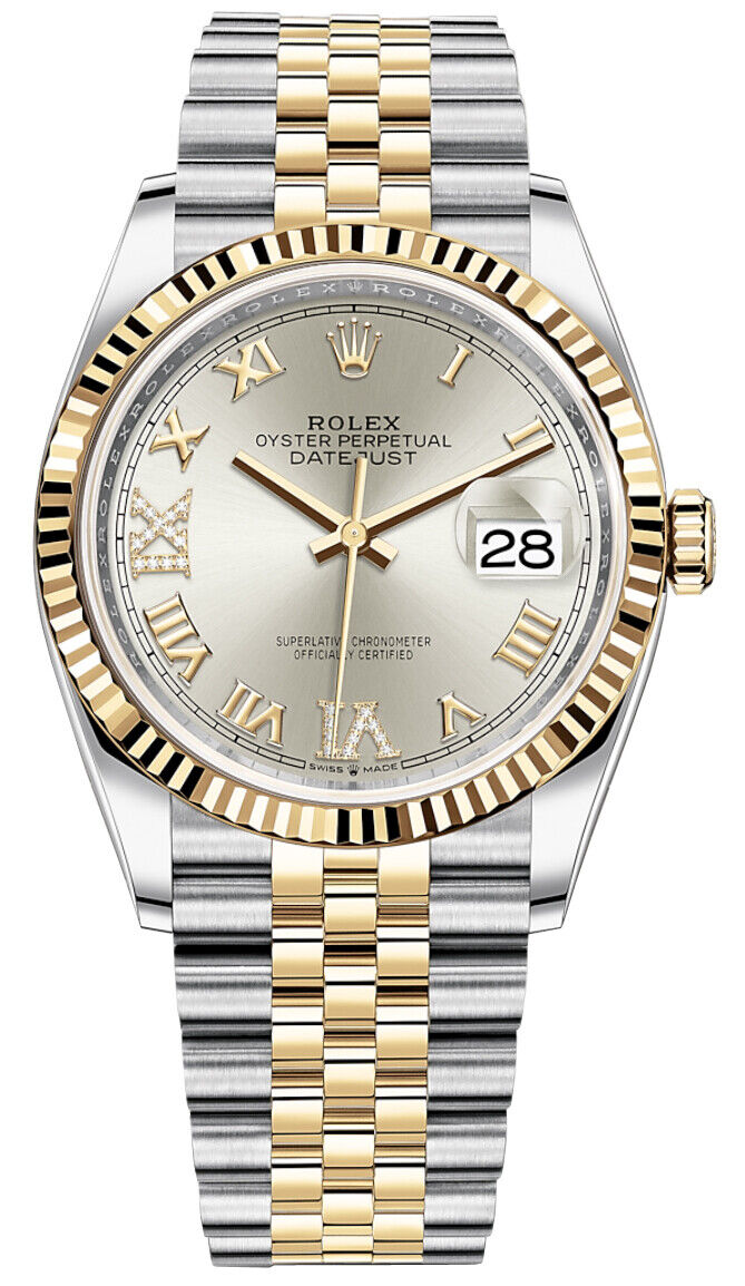 Rolex DateJust  18K YG SS 2Tone Roman Silver Dial Jubilee Watch 36mm Card