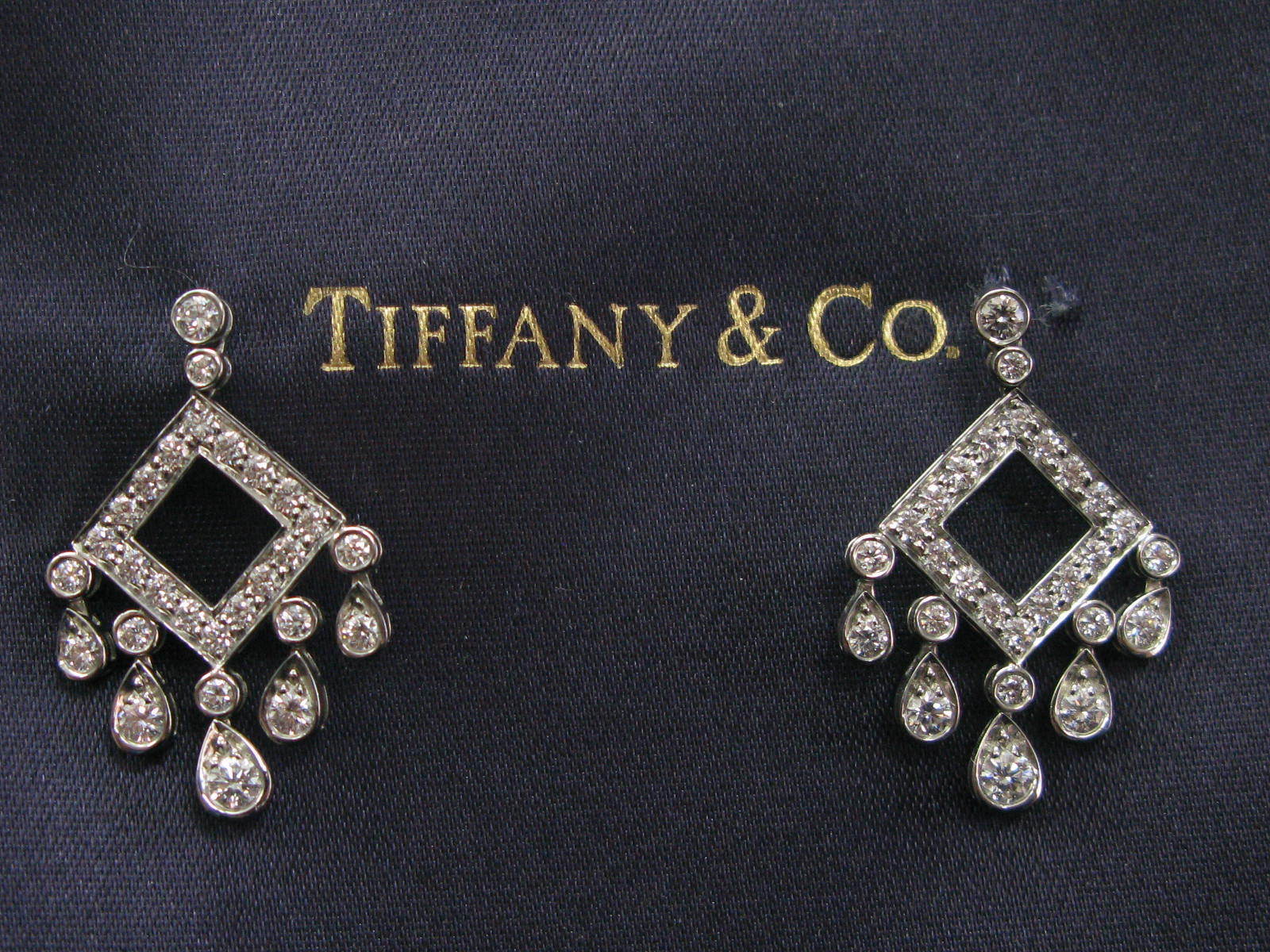 Tiffany  Co Platinum Legacy Open Square Diamond Drop Earrings 1.33CT