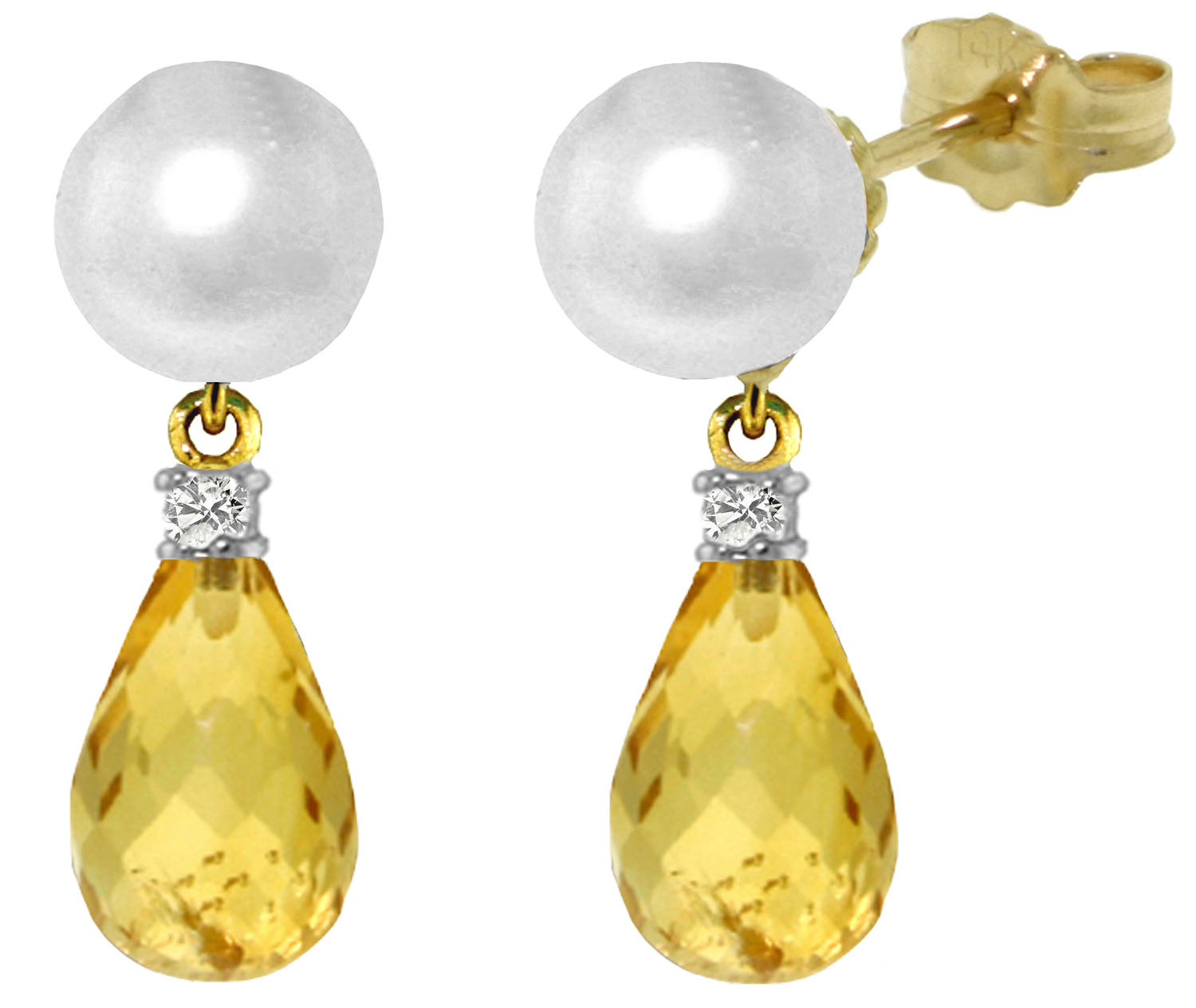 6.6 CTW 14K Solid Gold Stud Earrings Diamond, Citrine Cultured Pearl