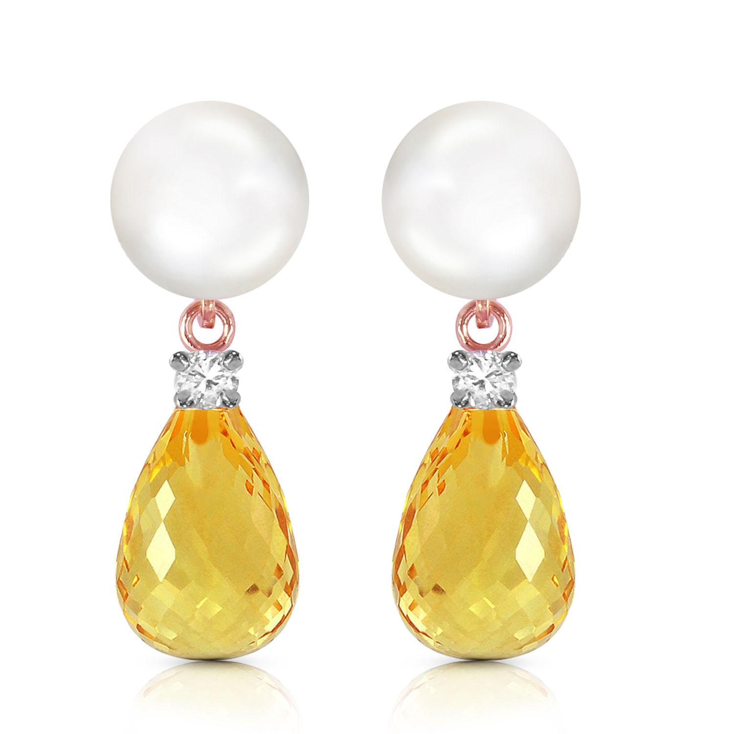 14K Solid Rose Gold Stud Earrings with Diamonds, Citrine  Cultured Pearl
