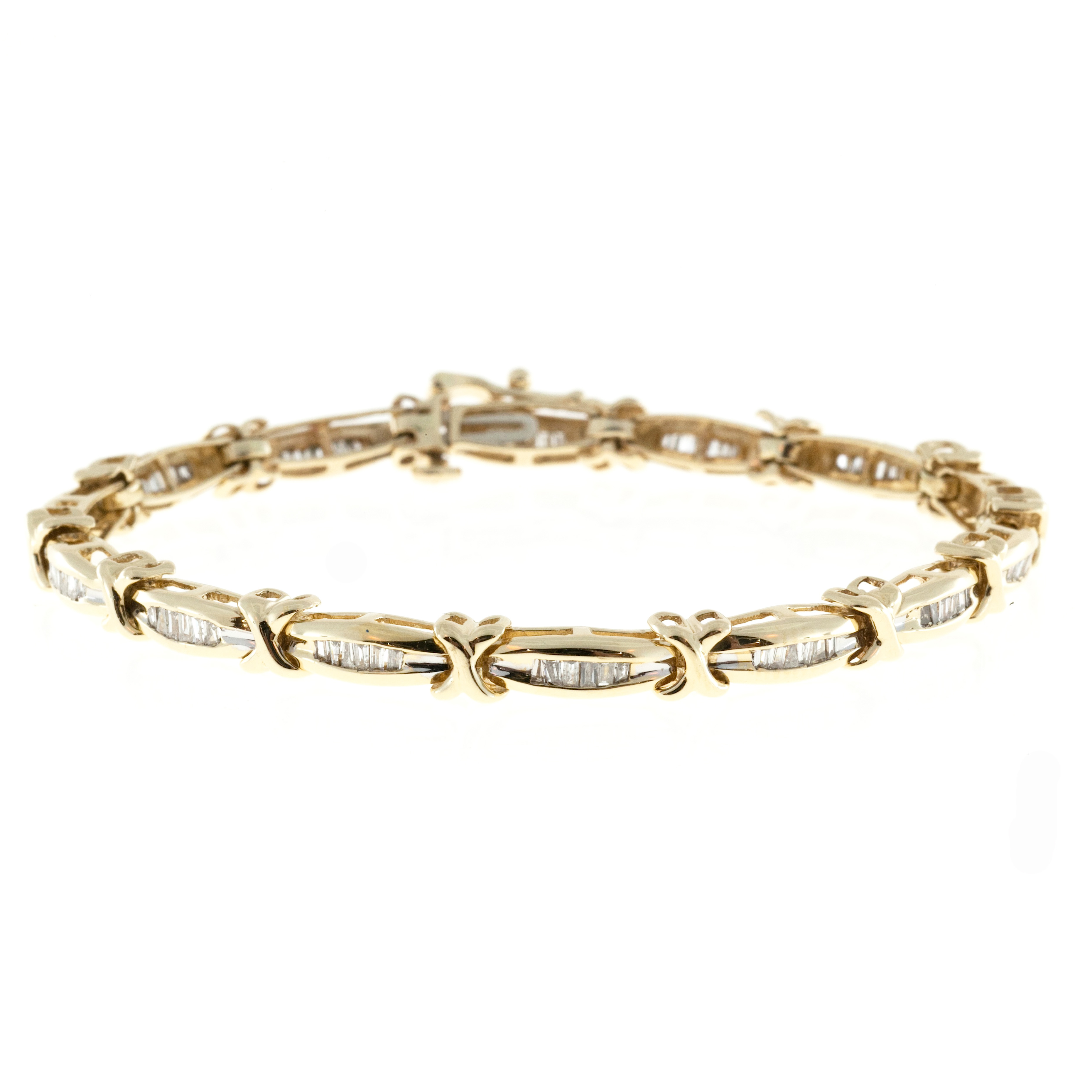 14K Yellow Gold "X" Hinged Link 2.00ct Baguette Diamond Vintage Bracelet
