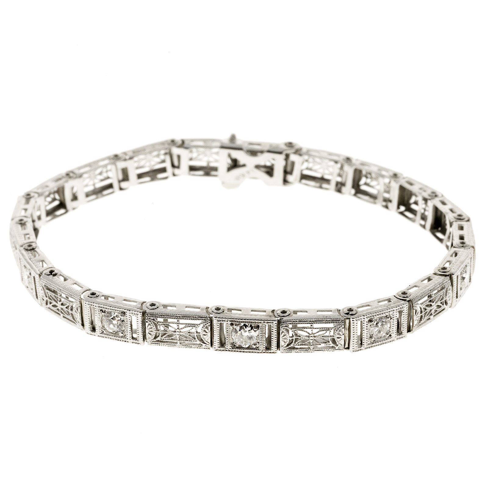 14K White Gold  Diamond Hinged Filigree Link Bracelet 