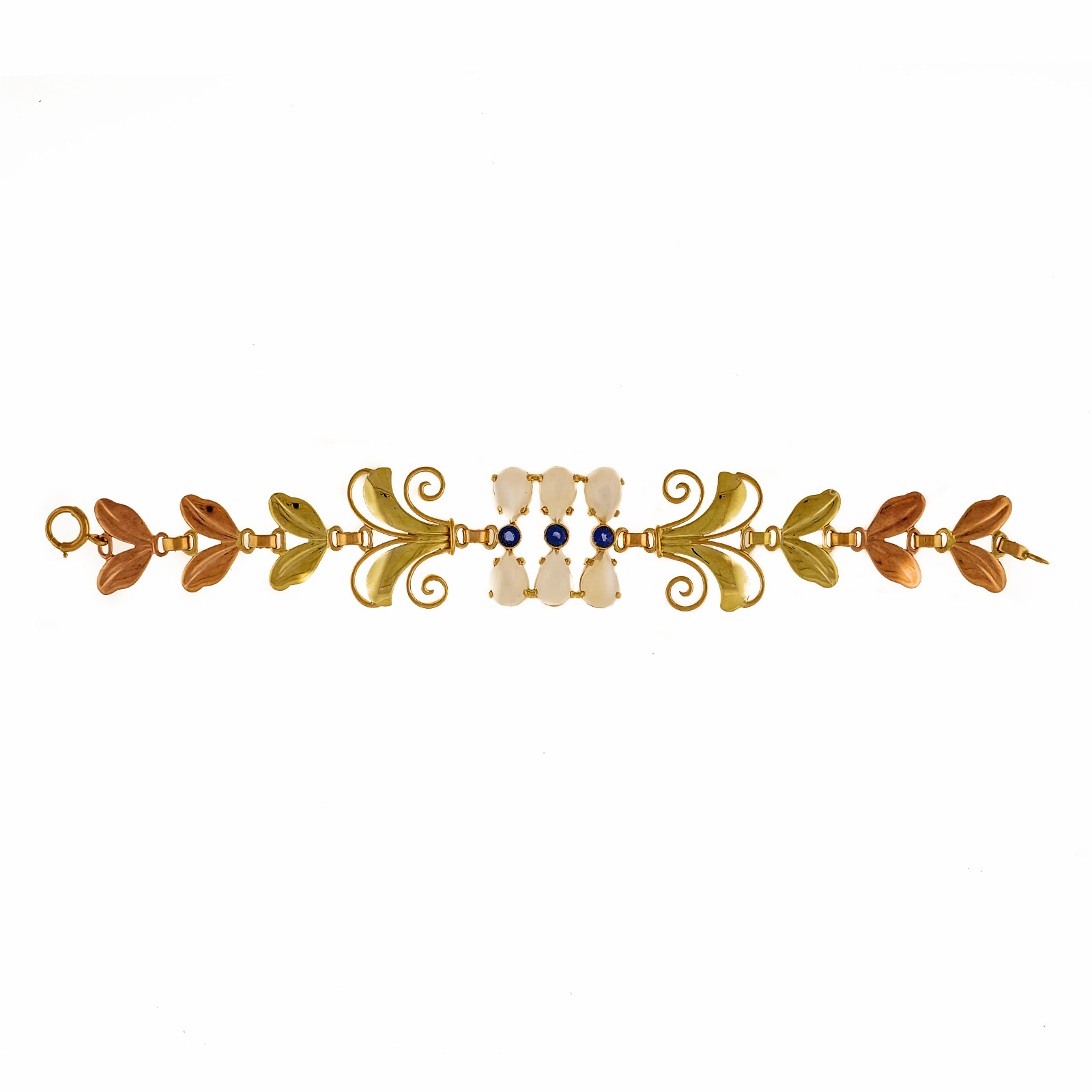 Retro Art Deco Tiffany Montana Sapphire Moonstone 14k Rose Green Gold Bracelet