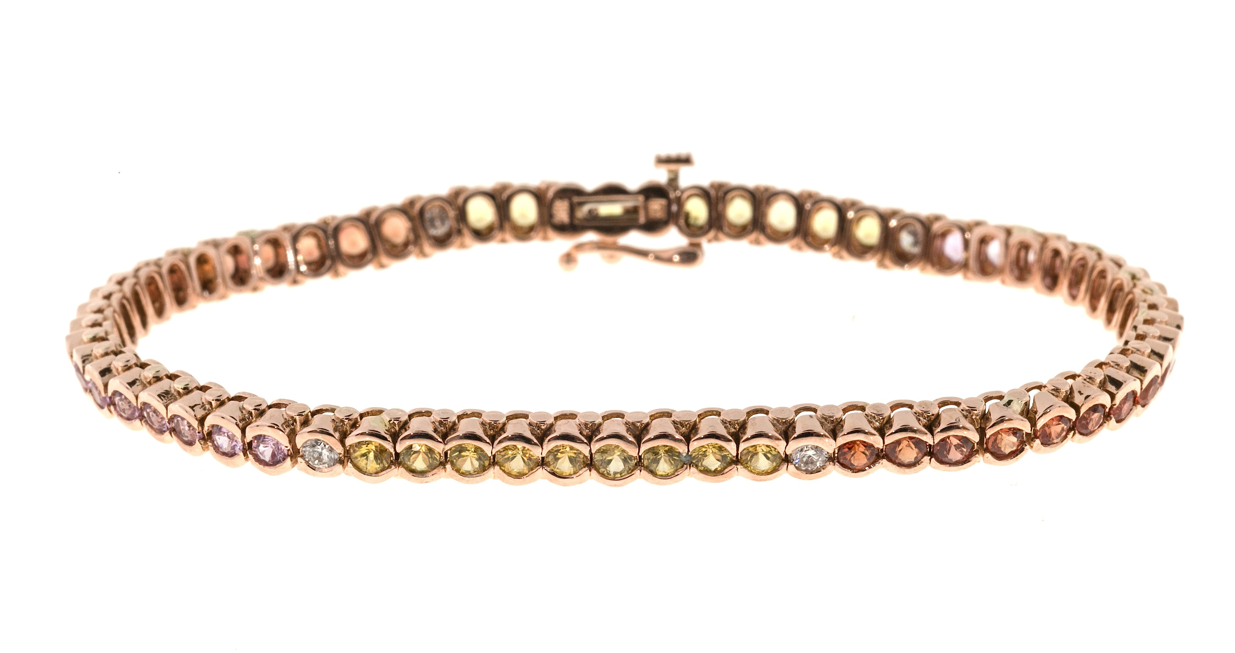 14K Rose Gold 5.50ct Multi Color Sapphire and Diamond Hinged Link Bracelet