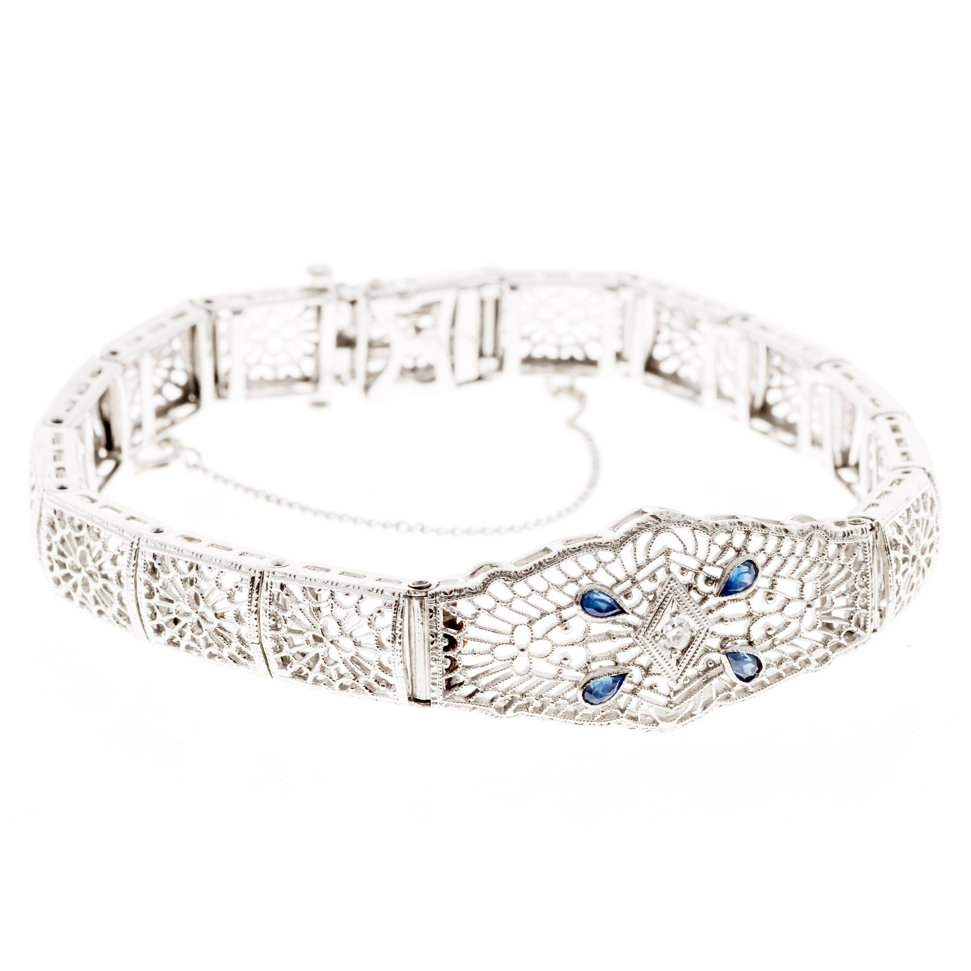 14K White Gold 0.18ct. Sapphire  0.03ct. Diamond Filigree Bracelet