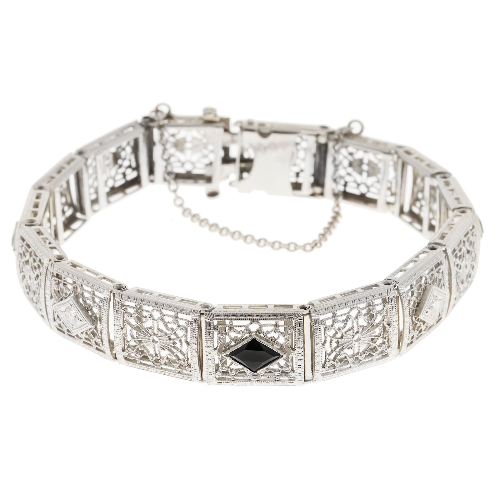 14K White Gold with 0.60ct. Onyx  0.08ct. Diamond Filigree Bracelet