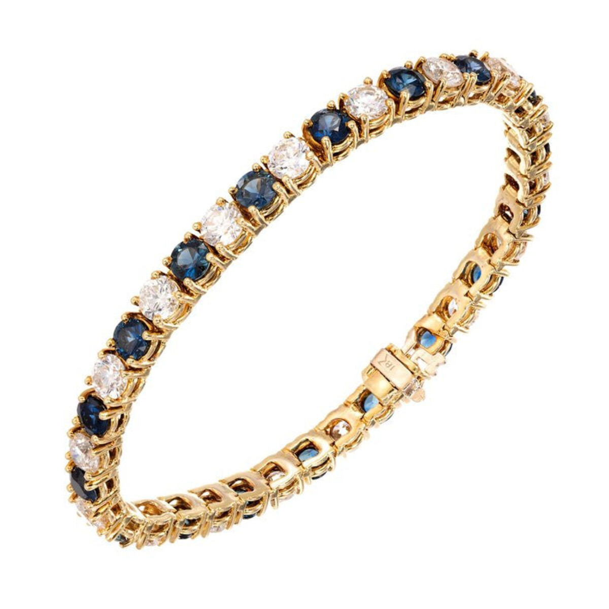 Vintage 18K Yellow Gold Alternating 8.00 Cttw Diamond and 10.00 Cttw Deep Blue Sapphire Bracelet