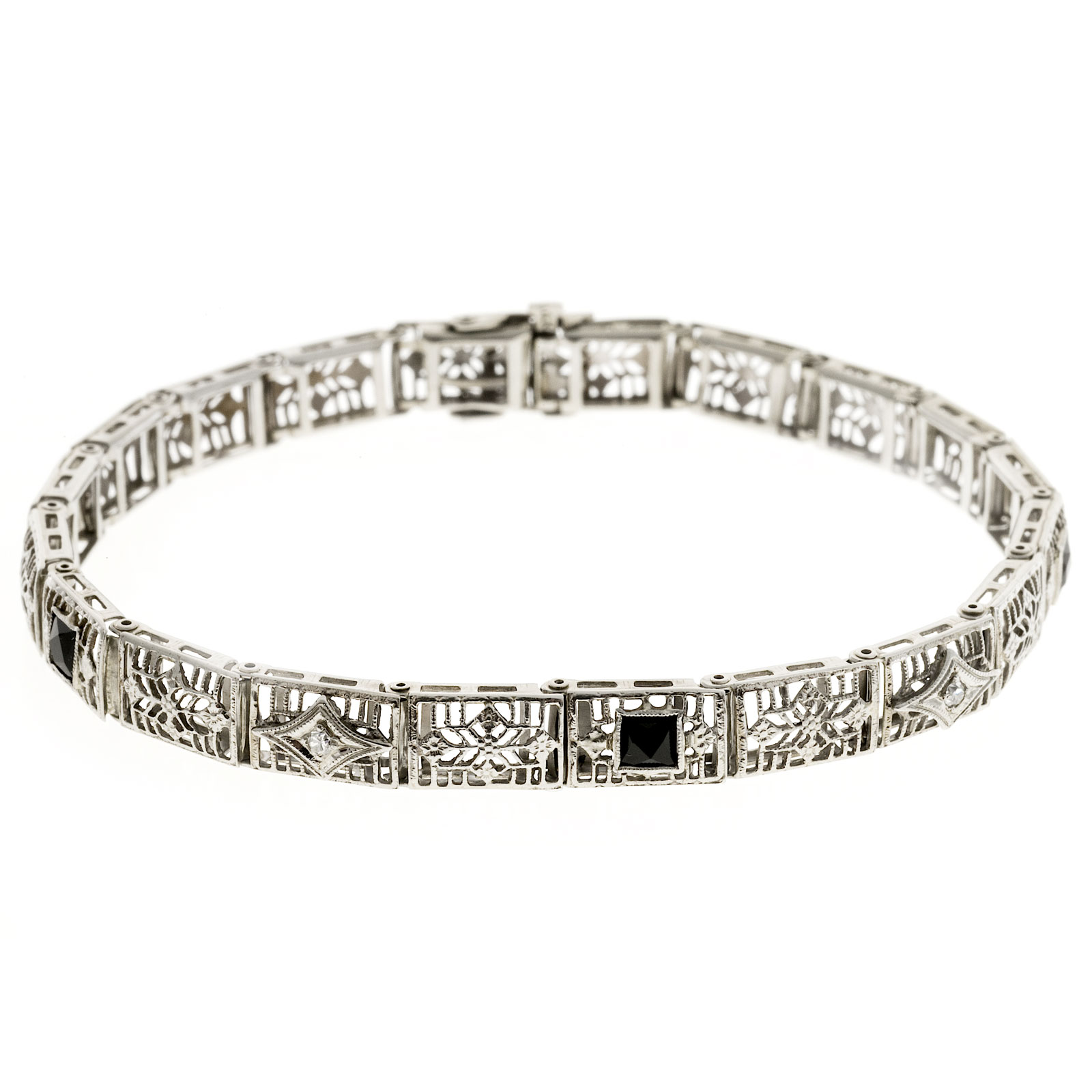 14K White Gold with Onyx  0.02ct. Diamond Filigree Bracelet