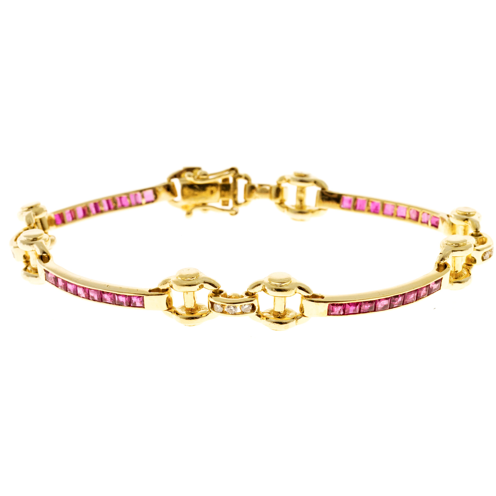 18K Yellow Gold with Ruby  Diamond Hinged Bar Link Bracelet 