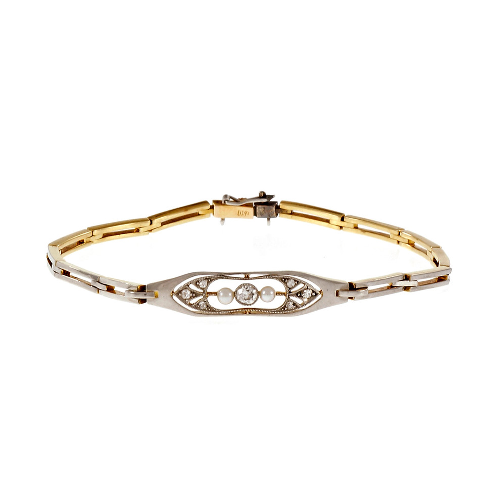 Vintage 18K Yellow Gold Platinum Cultured Pearl Diamond Bracelet