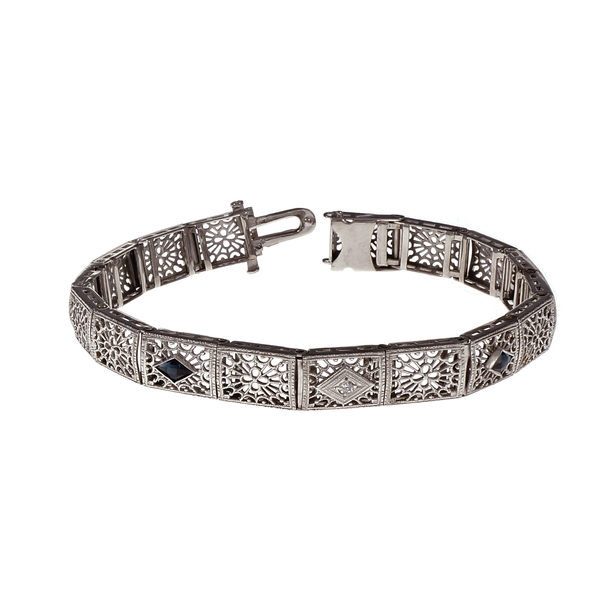 10K White Gold with Sapphire and Diamond Filigree Link Bracelet