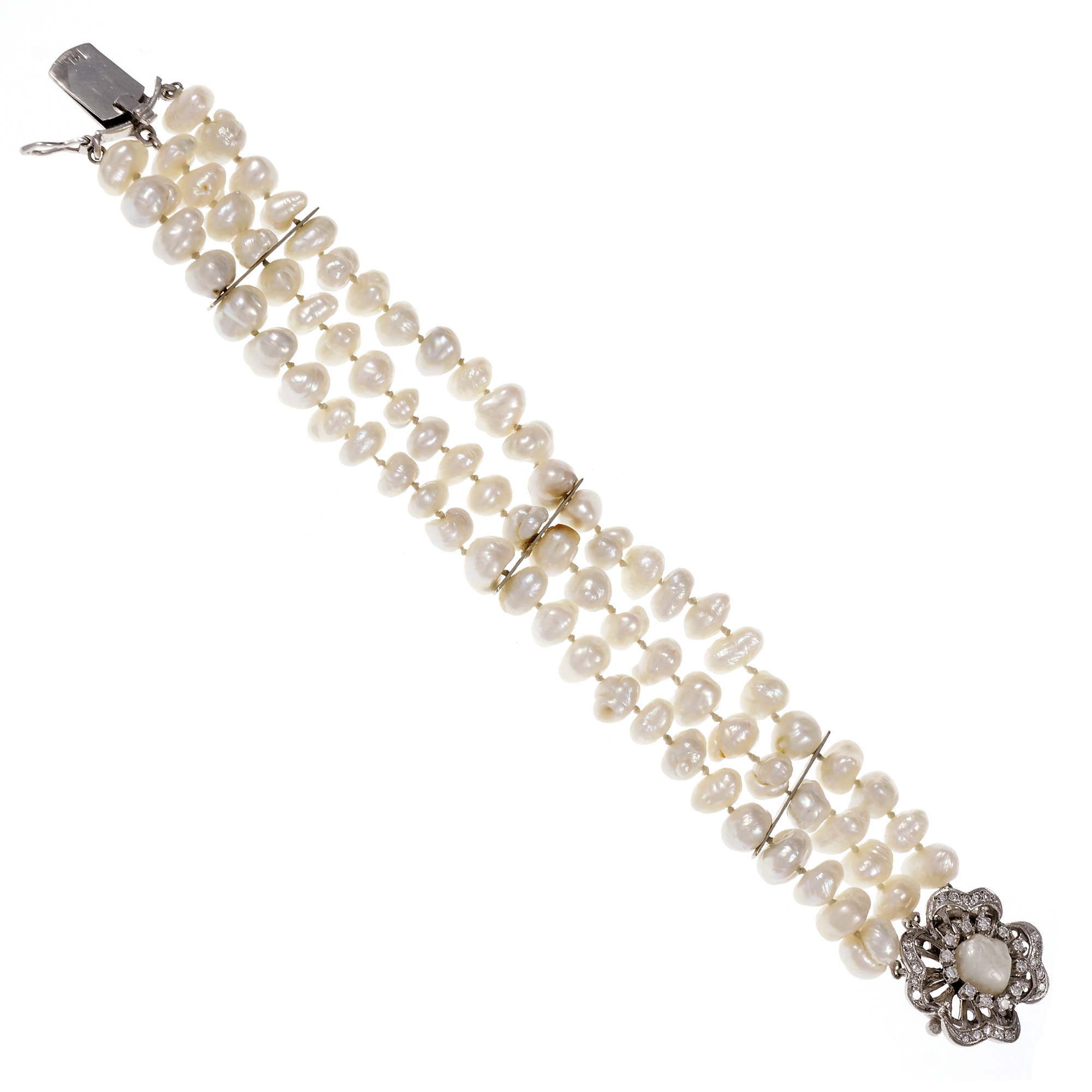 14K White Gold with Pearl and Diamond Bracelet 