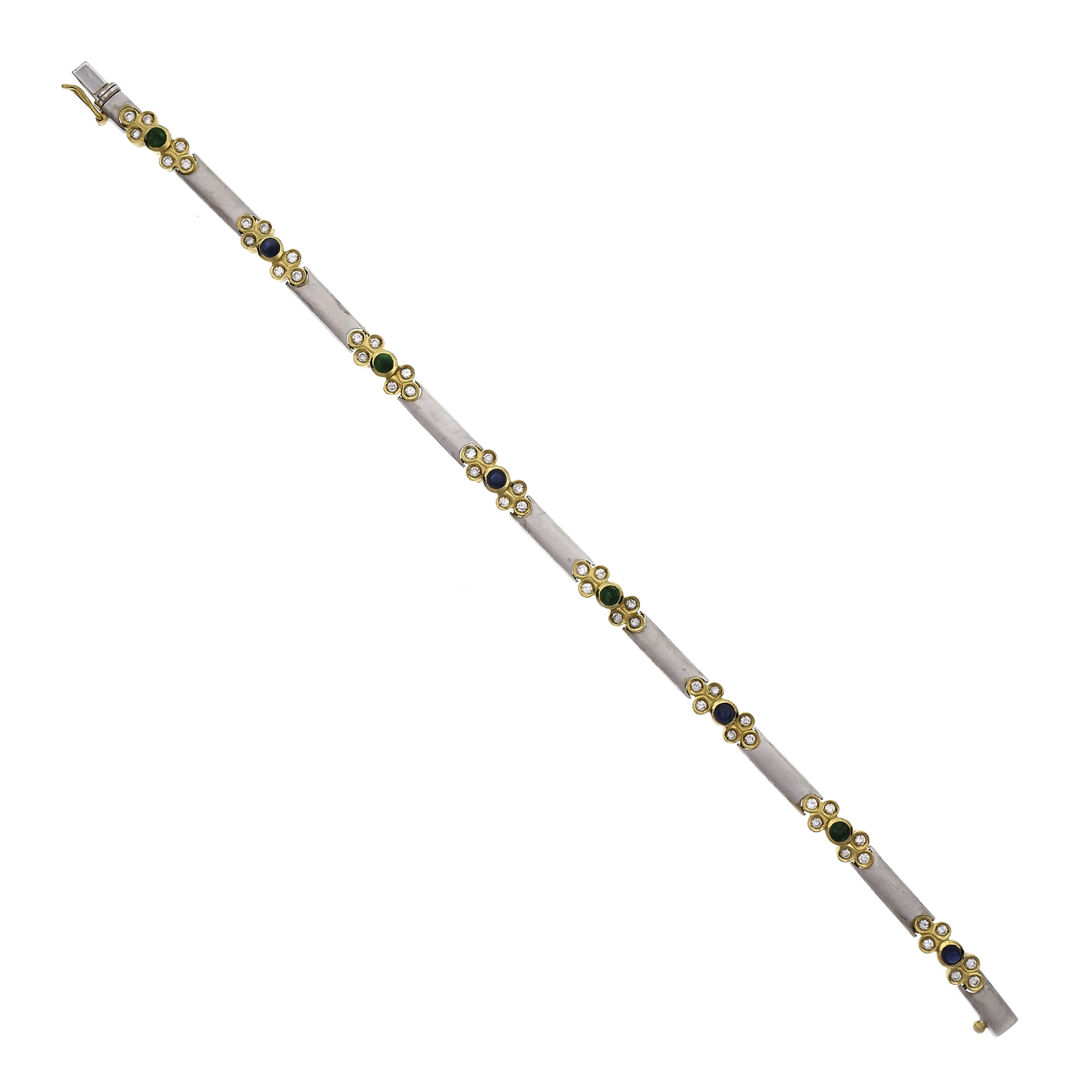 Estate Two Tone Bracelet 18k Gold Diamond Sapphire Emerald