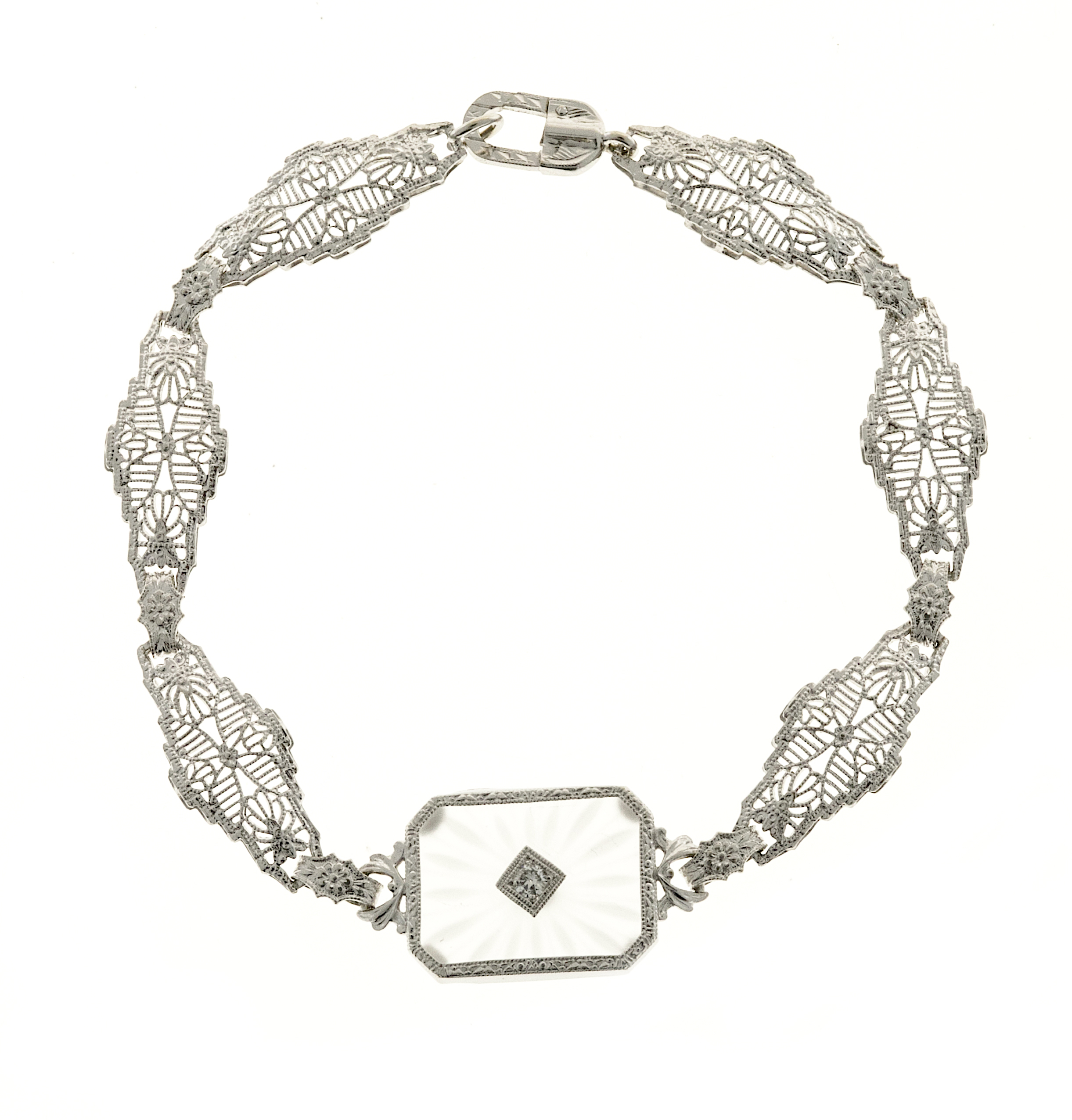 14K White Gold with Quartz and Diamond Filigree Link Bracelet