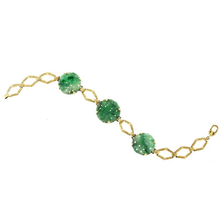 14K Yellow Gold with Jadeite Jade Art Deco Bracelet 