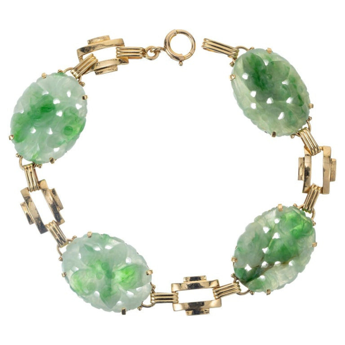 14k Yellow Gold Vintage Art Deco Jadeite Jade Bracelet