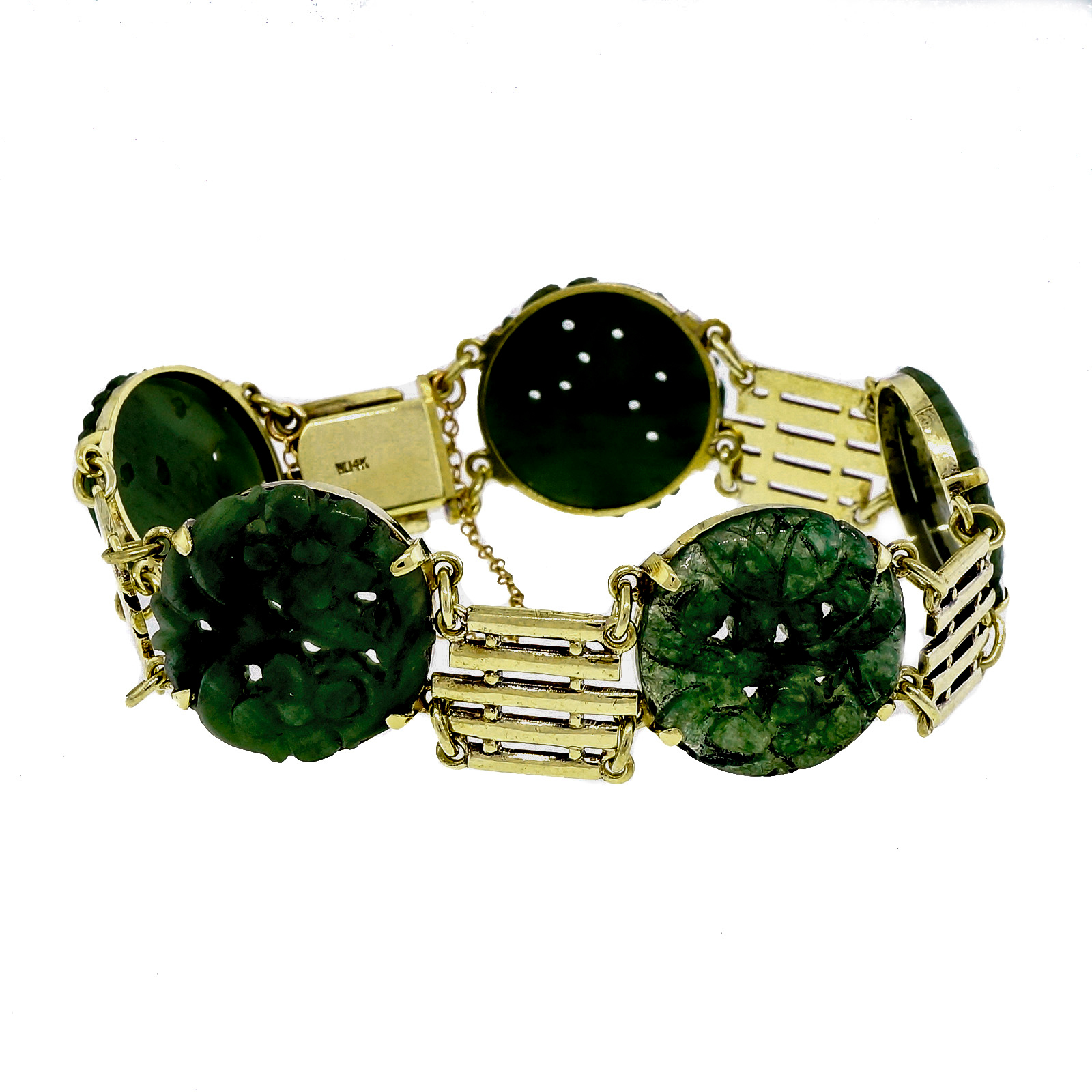 Vintage Art Deco 14K Green Gold Carved Natural Jadeite Jade 5 Stone Bracelet 