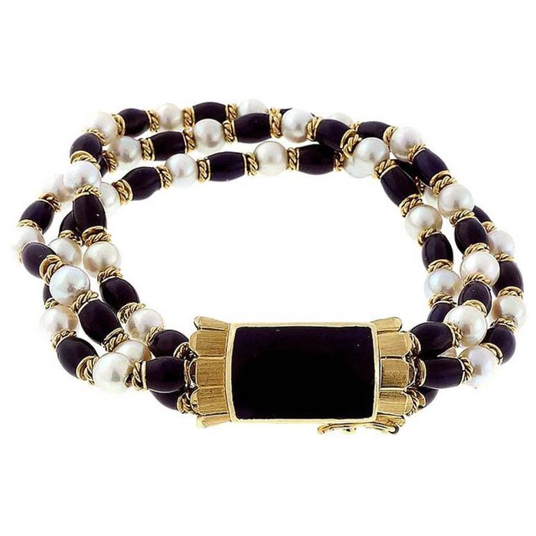 18K Yellow Gold with Blue Enamel and Pearl Bracelet