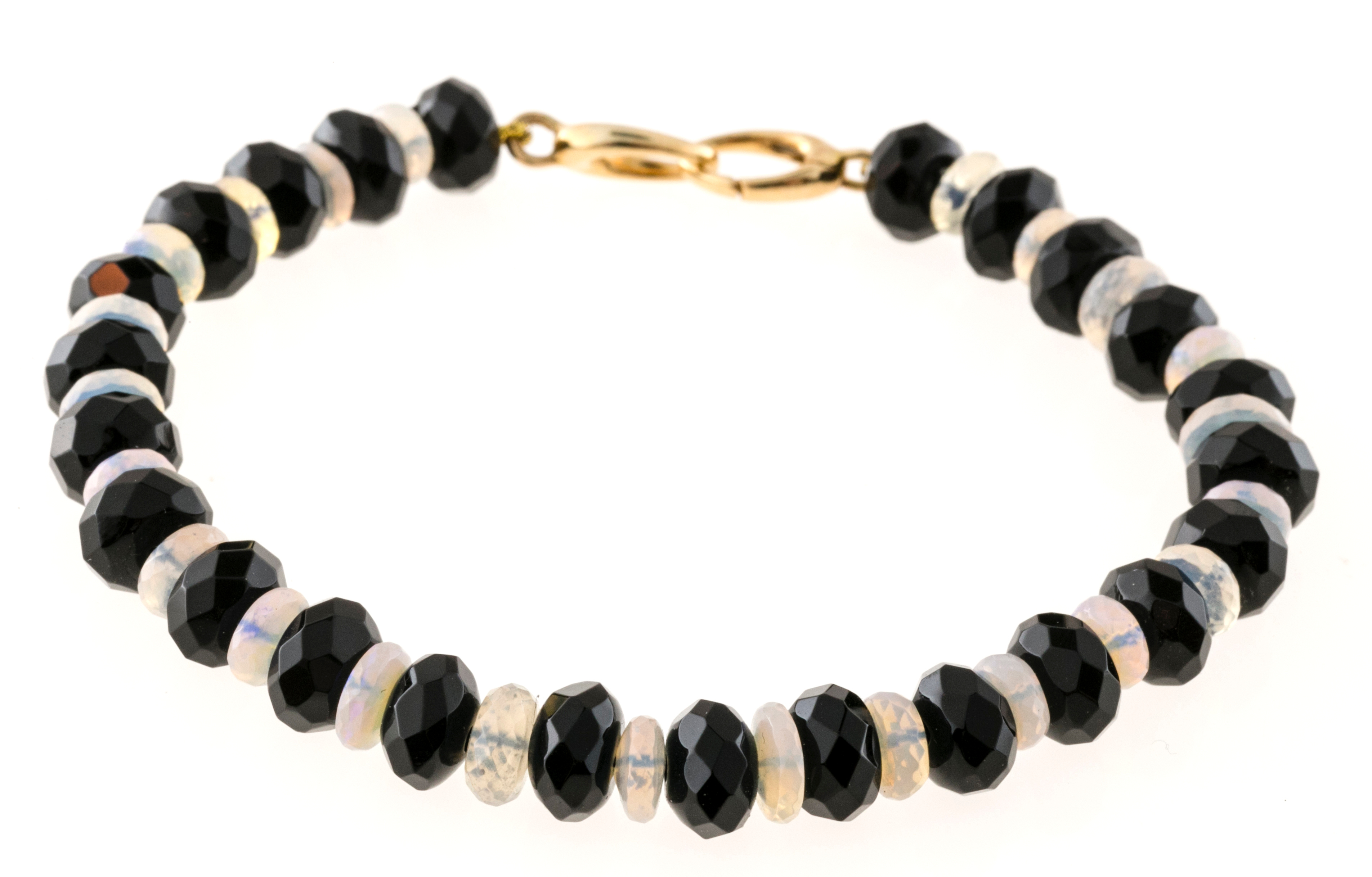 14K Yellow Gold Onyx Crystal Opal Rondelle Vintage Bracelet