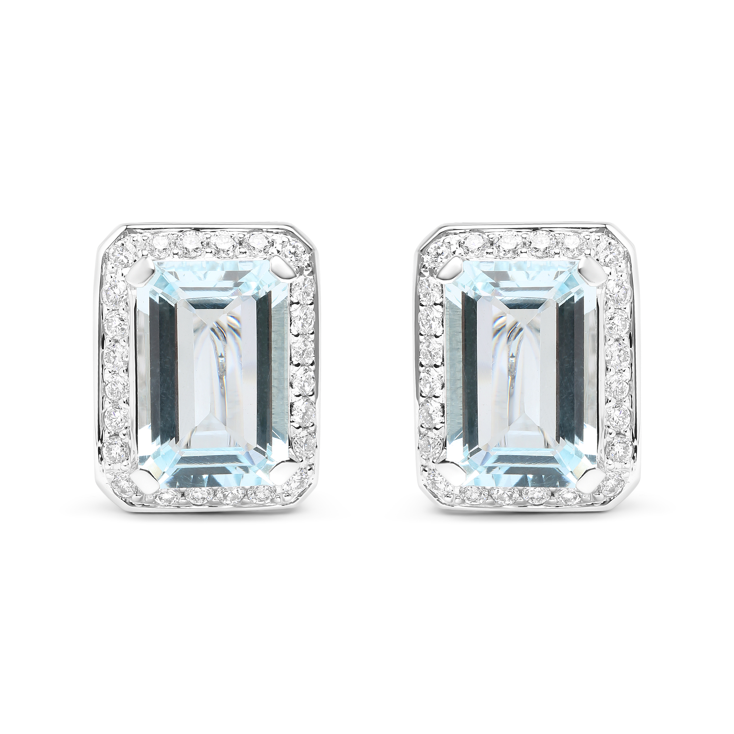 True 18K White Gold 3/4 Cttw Round Diamond and 13x9mm Emerald Cut Blue Aquamarine Gemstone Halo Omega Stud Earrings (G-H Color, SI1-SI2 Clarity)