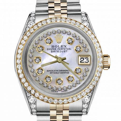 Women's Rolex 31mm Datejust Two Tone Bezel Lugs White MOP String Dial Hidden Clasp