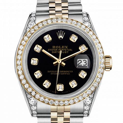 Women's Rolex 31mm Datejust Two Tone Bezel  Lugs Black Color Dial with Diamonds Hidden Clasp