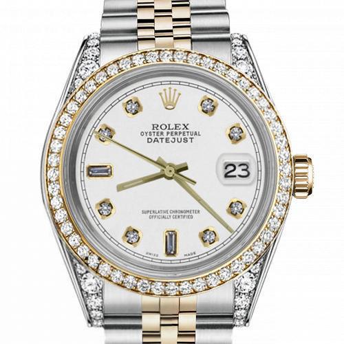 Women's Rolex 31mm Datejust Two Tone Bezel  Lugs White Color Dial with 8+2 Accent RRT Hidden Clasp  