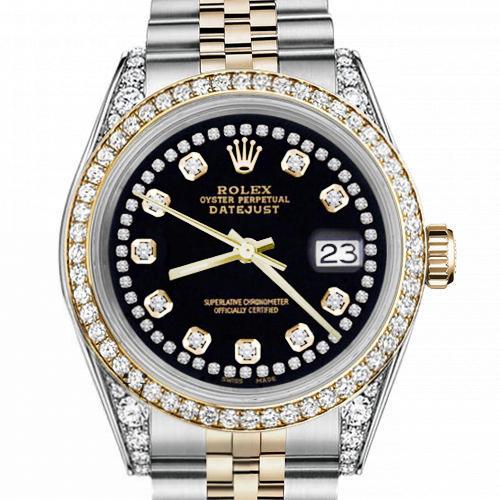 Men's Rolex 36mm Datejust Two Tone Bezel  Lugs Black Color String Accent Dial Hidden Clasp