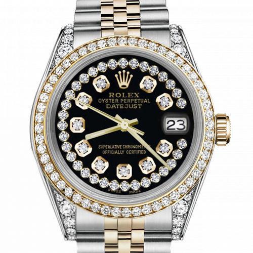 Men's Rolex 36mm Datejust Two Tone Bezel  Lugs Glossy Black String Accent Dial Hidden Clasp