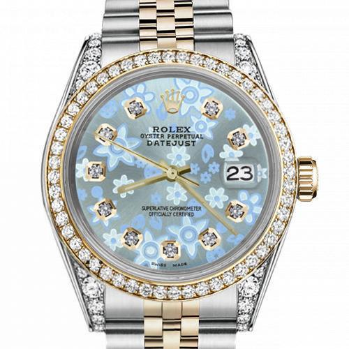 Men's Rolex 36mm Datejust Two Tone Bezel  Lugs Glossy Ice Blue Flower Dial with Accen Hidden Clasp 