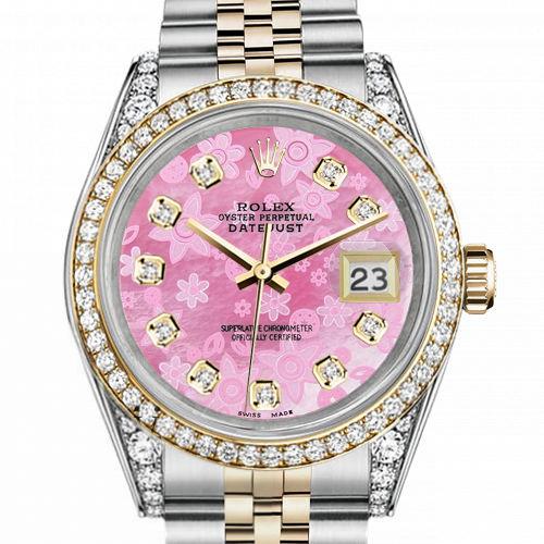 Men's Rolex 36mm Datejust Two Tone Bezel Lugs Pink Flower MOP Dial with Hidden Clasp