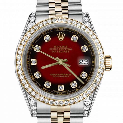 Men's Rolex 36mm Datejust Two Tone Bezel Lugs Red Vignette Color Dial with Accent RT Hidden Clasp