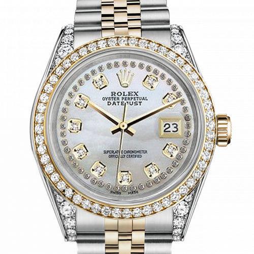 Men's Rolex 36mm Datejust Two Tone Bezel Lugs White MOP Mother of Pearl String Dial Hidden Clasp