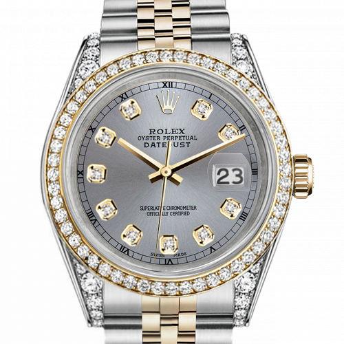 Men's Rolex 36mm Datejust Two Tone Bezel Lugs Grey Color Dial with Accent RT Hidden Clasp