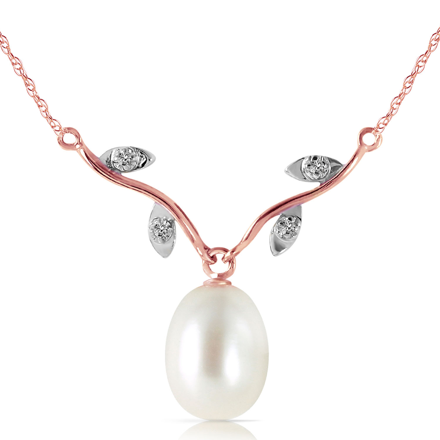 14K Solid Rose Gold Necklace with Natural Diamonds  Cultured Pearl