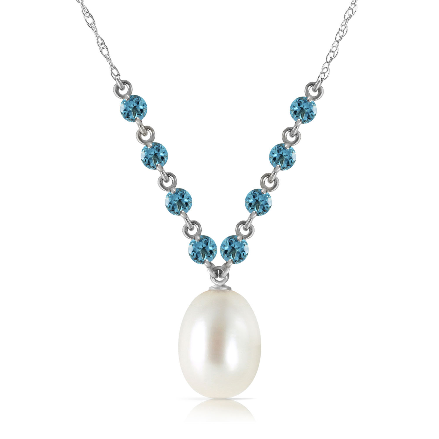 5 CTW 14K Solid White Gold Necklace Natural Blue Topaz Cultured Pearl